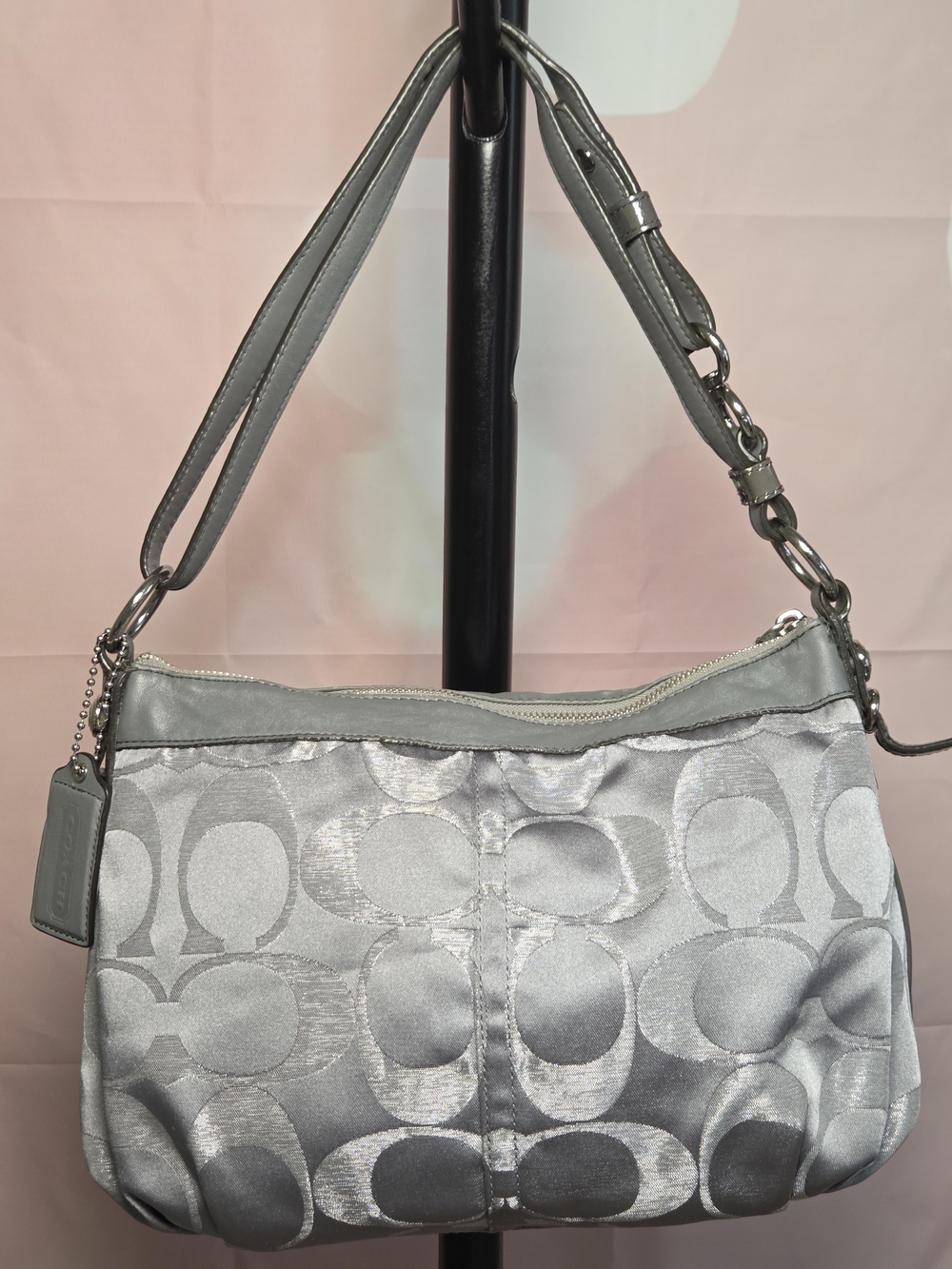 Coach Silver And Gray Signature Jacquard Shoulder Bag with Adjustable Strap